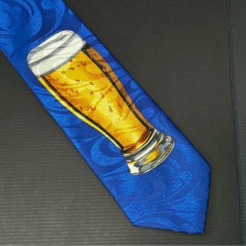 Pre-Loved Gold City Hand Made Novelty Blue Neck Tie with Beer Glass Design